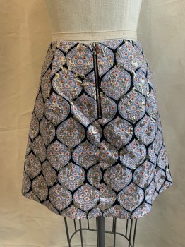 Womens, Skirt, Mini, SUNO, Lt Blue, Silver, Red, White, Navy Blue, Silk, Polyester, Abstract , Medallion Pattern, 0, Floral Medallions, Silver Lurex Abstract Woven In, Ruffle Front, Zip Back