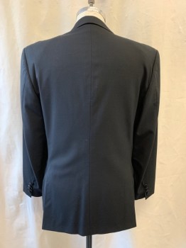 MOSS BROS, Black, Wool, Polyester, Tux Blazer, Notched Lapel, Satin Lapel, Single Breasted, Button Front, 2 Buttons, 3 Pockets