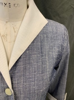 MTO, Denim Blue, White, Silk, Cotton, 2 Color Weave, Raw Silk 2 Color Weave, Cream Button Front, Hem Below Knee, White Pique Pointy Shawl Collar Attached, 3/4 Sleeve with White Pique Angled Cuff, Self Belt,