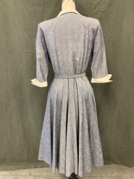 MTO, Denim Blue, White, Silk, Cotton, 2 Color Weave, Raw Silk 2 Color Weave, Cream Button Front, Hem Below Knee, White Pique Pointy Shawl Collar Attached, 3/4 Sleeve with White Pique Angled Cuff, Self Belt,