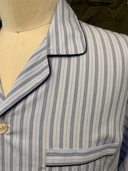 Mens, Pajama Top, BROOKS BROTHERS, Lt Blue, Blue, Black, Cotton, Stripes - Vertical , XL, Button Front, Collar Attached, Notched Lapel, Black Piping Trim, 1 Pocket, Long Sleeves