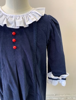 SHRIMP & GRITS KIDS, Navy Blue, White, Cotton, Solid, Corduroy, Solid White Ruffled Round Collar and Cuffs, 3 Red Decorative Buttons at Front, Long Sleeves, Button Closures in Back