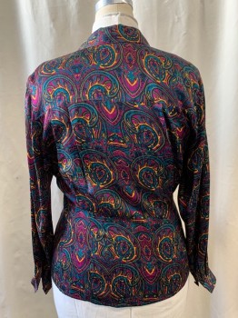 NL, Teal Blue, Magenta Purple, Goldenrod Yellow, Black, Purple, Silk, Paisley/Swirls, Abstract , Collar Attached, Button Front, Double Breasted, Single Breasted, 2 Buttons,  1 Hook & Eye Closure, Long Sleeves