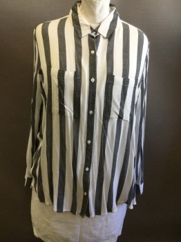 BP, White, Black, Viscose, Stripes - Vertical , Long Sleeves, Button Front, Collar Attached, 2 Pockets,