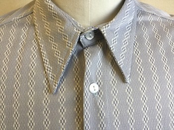 KENNINGTON, Gray, Off White, Polyester, Stripes - Vertical , Diamonds, Collar Attached, Button Front, 1 Pocket, Short Sleeves, Side Split Hem