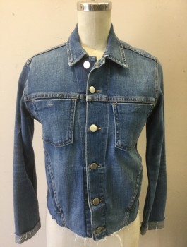 Womens, Jean Jacket, L'AGENCE, Denim Blue, Poly/Cotton, Spandex, Solid, XS, Medium Wash Stretch Denim, Cropped Sleeves, Button Front, Collar Attached, 4 Pockets, Raw Edge at Hem
