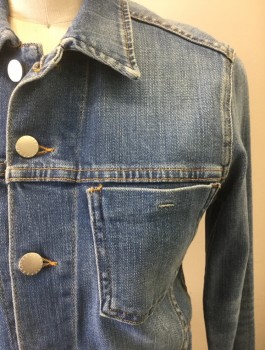 Womens, Jean Jacket, L'AGENCE, Denim Blue, Poly/Cotton, Spandex, Solid, XS, Medium Wash Stretch Denim, Cropped Sleeves, Button Front, Collar Attached, 4 Pockets, Raw Edge at Hem