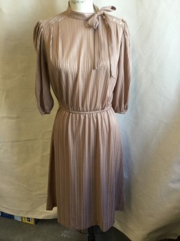 FOX 71, Dusty Brown, Copper Metallic, Polyester, Stripes - Vertical , Mandarin Collar with Self Attached Short Neck Tie & 3 Clear Light Brown Buttons at Shoulder, 3/4 Sleeves with Thin Elastic Cuffs, Elastic Thin Waist, NO BELT