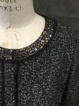 Womens, Blazer, CLASSIQUES ENTIER, Black, White, Polyester, Cotton, Mottled, M, Snap Front, Black Sheer Chiffon Trim with Raw Hem, Silver Patina Sequins and Beads Detail Neck, No Collar, 3/4 Sleeve with Sheer Chiffon, 2 Faux Pockets with Sequins and Bead Detail with Sheer Chiffon Trim
