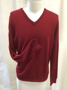 Mens, Pullover Sweater, J.CREW, Dk Red, Wool, Heathered, L, V-neck, Long Sleeves, Rib Knit Collar Hem, and Cuffs