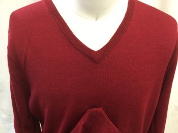 Mens, Pullover Sweater, J.CREW, Dk Red, Wool, Heathered, L, V-neck, Long Sleeves, Rib Knit Collar Hem, and Cuffs