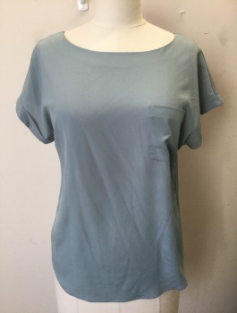 ANN TAYLOR LOFT, Lt Blue, Slate Blue, Polyester, Solid, Crepe De Chine, Short Sleeves with Folded Cuffs, Wide Scoop Neck, 1 Patch Pocket,  Gold Zipper at Center Back Neck, Oversized/Boxy Fit