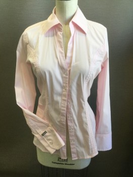 EXPRESS, Pink, Cotton, Polyester, Solid, V-neck with Collar Attached, Button Front, Long Sleeves, Curved Hem