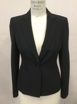 ANNE KLEIN, Black, Polyester, Wool, Solid, Single Breasted, Collar Attached, Long Sleeves, Hand Picked Collar/Lapel, 2 Pockets, 1 Button