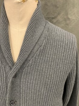 Mens, Cardigan Sweater, J CREW, Gray, Cotton, Solid, XL, Shawl Collar, Button Front, 5 Buttons, 2 Pockets