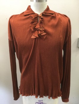 Mens, Historical Fiction Shirt, N/L, Rust Orange, Polyester, Solid, 40, 15.5, Self Crimp, Collar Attached with Ruffle Bib, Hook and Eye Closure, Full Balloon Long Sleeves, Lettuce Edge, Loose Fit