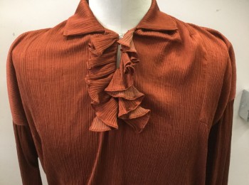 N/L, Rust Orange, Polyester, Solid, Self Crimp, Collar Attached with Ruffle Bib, Hook and Eye Closure, Full Balloon Long Sleeves, Lettuce Edge, Loose Fit