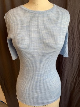 THEORY, Baby Blue, Lt Blue, Wool, Cotton, 2 Color Weave, Light Blue & Baby Blue Variegated, Fine Ribbed Round Neck, Short Sleeves Cuffs & Hem