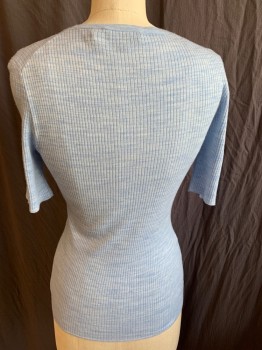 Womens, Pullover, THEORY, Baby Blue, Lt Blue, Wool, Cotton, 2 Color Weave, M, Light Blue & Baby Blue Variegated, Fine Ribbed Round Neck, Short Sleeves Cuffs & Hem