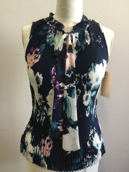 DKNY, Navy Blue, White, Pink, Sea Foam Green, Purple, Polyester, Floral, Knife Pleated, Sleeveless, V-neck, Stand Collar, Self Tie Neck