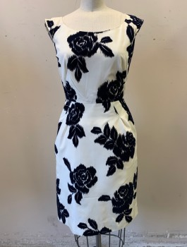 Womens, Cocktail Dress, KATE SPADE, Off White, Midnight Blue, Acetate, Polyester, Floral, Sz.0, Taffeta with Oversized Midnight Blue Flocked Velvet Roses Pattern, Sleeveless with 2" Wide Straps, Scoop Neck, Straight Cut at Hips with 2 Diagonal Pleats at Each Side, Knee Length