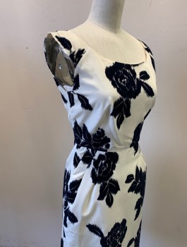 KATE SPADE, Off White, Midnight Blue, Acetate, Polyester, Floral, Taffeta with Oversized Midnight Blue Flocked Velvet Roses Pattern, Sleeveless with 2" Wide Straps, Scoop Neck, Straight Cut at Hips with 2 Diagonal Pleats at Each Side, Knee Length