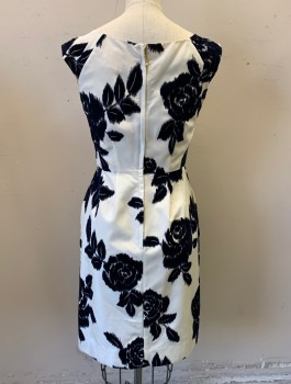 Womens, Cocktail Dress, KATE SPADE, Off White, Midnight Blue, Acetate, Polyester, Floral, Sz.0, Taffeta with Oversized Midnight Blue Flocked Velvet Roses Pattern, Sleeveless with 2" Wide Straps, Scoop Neck, Straight Cut at Hips with 2 Diagonal Pleats at Each Side, Knee Length