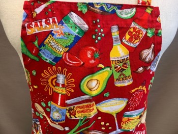 Unisex, Apron, KAY DEE DESIGNS, Red, Green, Blue, Yellow, Multi-color, Cotton, Novelty Pattern, O/S, Images of Tequila, Avocado, Assorted Salsas, Margaritas Etc., 2 Pockets,