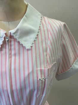WHITE SWAN, White, Baby Pink, Poly/Cotton, Stripes - Vertical , Short Sleeves, 3 Pockets, Zip Front, Scallop Trim, Detached Belt