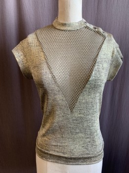 Womens, Top, N/L, Gold, Black, Polyester, Mottled, S, Cap Sleeves, Mesh V Front Panel, Asymmetrical 3 Snap Neck Closure, Crew Neck, Waistband