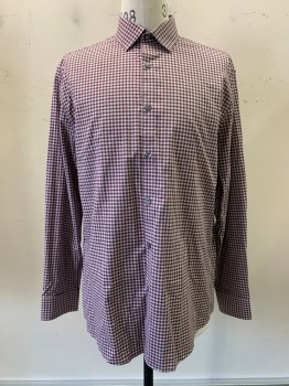 Mens, Casual Shirt, Penguin, Red Burgundy, Lt Gray, White, Cotton, Gingham, S, L/S, Button Front, Collar Attached