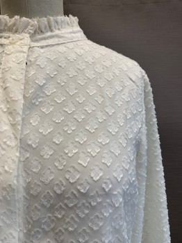 Womens, Blouse, BANANA REPUBLIC, White, Polyester, Solid, XS, Ruffled Band Collar, Button Front, L/S, Textured