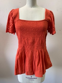 MADEWELL, Red-Orange, Cotton, Solid, S/S, Squared Neck, Scrunched Chest, Flared Bottom, Back Buttons