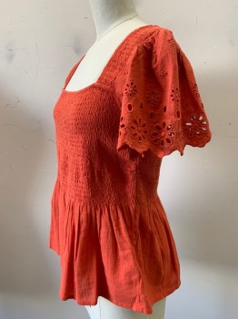 Womens, Blouse, MADEWELL, Red-Orange, Cotton, Solid, S, S/S, Squared Neck, Scrunched Chest, Flared Bottom, Back Buttons