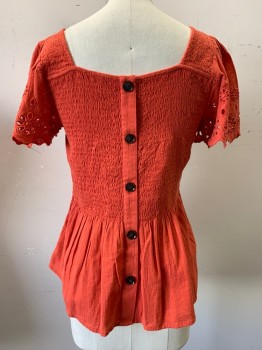 Womens, Blouse, MADEWELL, Red-Orange, Cotton, Solid, S, S/S, Squared Neck, Scrunched Chest, Flared Bottom, Back Buttons