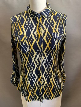 Womens, Blouse, DNA, Navy Blue, Yellow, White, Polyester, Spandex, Plaid, L, C.A., Button Front, L/S, 2 Breast Pockets