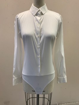 EXPRESS, White, Cotton, Spandex, Solid, Long Sleeve Button Front, Collar Attached, with Attached Stretchy Bodysuit Brief with Snap Closures at Crotch, Multiples