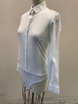 EXPRESS, White, Cotton, Spandex, Solid, Long Sleeve Button Front, Collar Attached, with Attached Stretchy Bodysuit Brief with Snap Closures at Crotch, Multiples