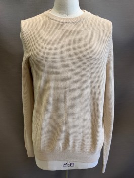 Mens, Pullover Sweater, TOP MAN, Lt Beige, Cotton, Solid, L, Waffle Knit, L/S, Crew Neck