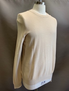 Mens, Pullover Sweater, TOP MAN, Lt Beige, Cotton, Solid, L, Waffle Knit, L/S, Crew Neck