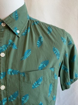 BONOBOS, Dk Olive Grn, Teal Green, Turquoise Blue, Cotton, Leaves/Vines , Button Down Collar, Short Sleeves, Button Front, 1 Pocket, Turquoise and Teal Green Leaves Pattern
