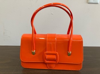 N/L, Orange, Vinyl, Solid, Patent, Strap Buckle Detail, Snap Close, Accordion Sides, Gold Tone Hardware