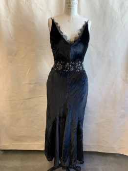 Womens, Evening Gown, GABRIELA HEARST, Black, Silk, Solid, W 26, B 36, Thin Straps, Velvet, V-neck, Plunging V-Back, Zip Back, Eyelash Lace Added to Neck and Back V, Beaded Lace Added to Waist, A-line, Ankle Length, Multiple