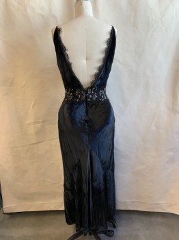 Womens, Evening Gown, GABRIELA HEARST, Black, Silk, Solid, W 26, B 36, Thin Straps, Velvet, V-neck, Plunging V-Back, Zip Back, Eyelash Lace Added to Neck and Back V, Beaded Lace Added to Waist, A-line, Ankle Length, Multiple