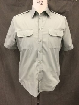 Mens, Casual Shirt, TILLEY, Sage Green, Cotton, Polyester, Solid, L, Button Front, Collar Attached, Short Sleeves, Epaulets, 2 Flap Pockets