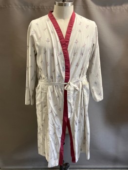 Unisex, Patient Robe, N/L, Lt Gray, Red Burgundy, Emerald Green, Blue, Pink, Polyester, Cotton, Squares, Dots, O/S, Open Front with Solid Border, Hem Mid-calf, 2 Patch Pckt, Front Tie