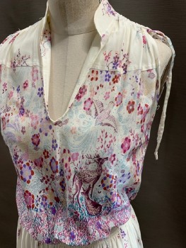 LEO, White, Aubergine Purple, Magenta Pink, Periwinkle Blue, Multi-color, Nylon, Floral, Novelty Pattern, Slvls, Mandarin Collar, V-N, Ruched Shoulders With Ties, Elastic Waistband, Deer Flower Bird And Paisley Print