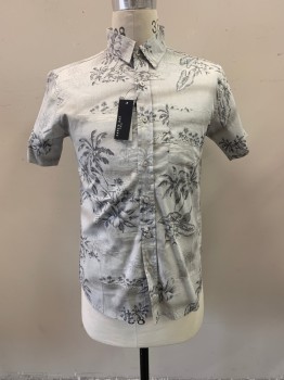 Mens, Casual Shirt, HAWK'S BAY, Lt Gray, Gray, Cotton, Hawaiian Print, S, Collar Attached, Button Front, Short Sleeves, 1 Pocket