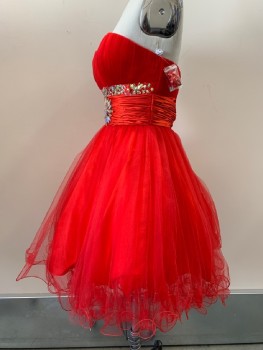 Womens, Cocktail Dress, STAR BOX, Cherry Red, Polyester, Nylon, Solid, L, Strapless, Sweetheart Neckline, Tulle Top Layer, Satin Waist Band With Multi Color Gems, With Matching Shawl