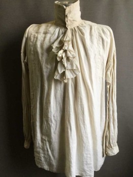 Ecru, Cotton, Linen, Solid, Blouse, 3 Buttons,  Pull Over, High Collar, Armpit Gussets, Button Cuff, Uniform, Aged/Distressed,